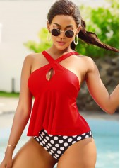 Cross Front Polka Dot Wide Strap Tankini Set