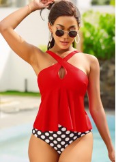 Cross Front Polka Dot Wide Strap Tankini Set