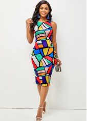 Sleeveless Geometric Print Round Neck Dress