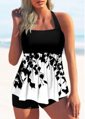 Halter Leaf Print Tie Back Tankini Set 