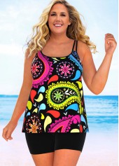 Double Straps Plus Size Paisley Print Tankini Set 