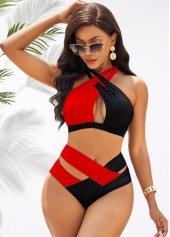 High Waist Contrast Cross Strap Bikini Set