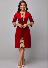 Round Neck 3/4 Sleeve Embroidered Red Dress