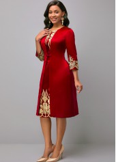 Round Neck 3/4 Sleeve Embroidered Red Dress