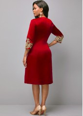 Round Neck 3/4 Sleeve Embroidered Red Dress