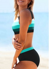 High Waisted Gradient Stripe Print Cyan Bikini Set