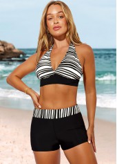 Striped Halter High Waisted Black Bikini Set