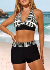 Striped Halter High Waisted Black Bikini Set
