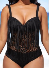 Tassel Lace Patchwork Black One Piece Swimwear