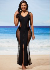 Mesh Stitching Black Zipper Closure Cover Up Dress