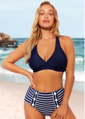 Striped Halter Nautical Navy Blue Bikini Set