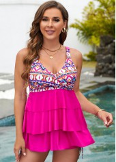 Geometric Print Layered Ruffle Hem Rose Red Tankini Set