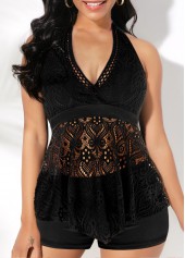 Halter Black Lace Stitching Tankini Top-No Bottom