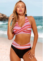 Tribal Print Halter Orange High Waisted Bikini Set