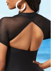 Mesh Stitching Cutout Black One Piece Swimwear