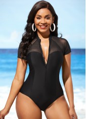 Mesh Stitching Cutout Black One Piece Swimwear