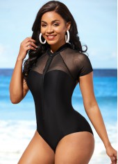 Mesh Stitching Cutout Black One Piece Swimwear