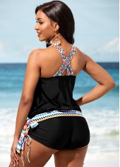 Black Tribal Print Tie Side Tankini Set