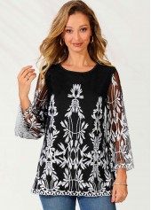 Black 3/4 Sleeve Embroidered Round Neck T Shirt