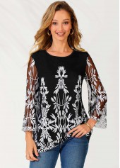 Black 3/4 Sleeve Embroidered Round Neck T Shirt