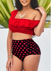 Polka Dot Red High Waist Flounce Smocked Bikini Set