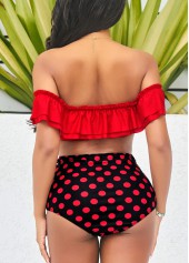 Polka Dot Red High Waist Flounce Smocked Bikini Set