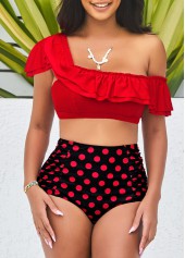 Polka Dot Red High Waist Flounce Smocked Bikini Set