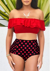 Polka Dot Red High Waist Flounce Smocked Bikini Set