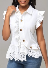 White Decorative Button Turndown Collar Blouse