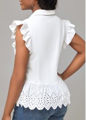 White Decorative Button Turndown Collar Blouse