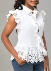 White Decorative Button Turndown Collar Blouse