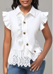 White Decorative Button Turndown Collar Blouse