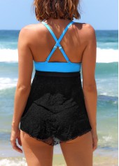 Black Ring Decoration Contrast Lace Stitching Tankini Top-No Bottom