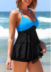 Black Ring Decoration Contrast Lace Stitching Tankini Top-No Bottom