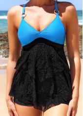 Black Ring Decoration Contrast Lace Stitching Tankini Top-No Bottom