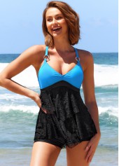 Black Ring Decoration Contrast Lace Stitching Tankini Top-No Bottom