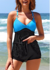 Black Ring Decoration Contrast Lace Stitching Tankini Top-No Bottom