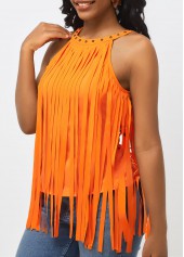 Orange Bib Neck Tassel Sleeveless Tank Top
