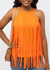 Orange Bib Neck Tassel Sleeveless Tank Top