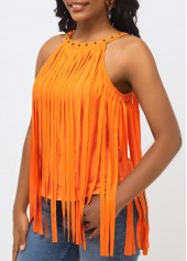 Orange Bib Neck Tassel Sleeveless Tank Top