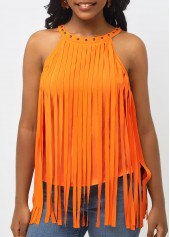 Orange Bib Neck Tassel Sleeveless Tank Top
