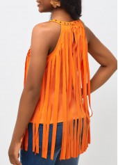 Orange Bib Neck Tassel Sleeveless Tank Top