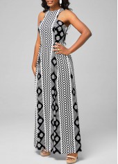 Bib Neck Geometric Print Black Dress