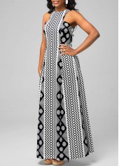 Bib Neck Geometric Print Black Dress