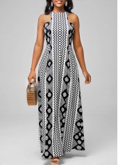 Bib Neck Geometric Print Black Dress