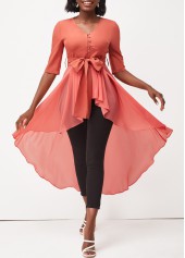 Peach Pink Dip Hem Half Sleeve Belted T Shirt