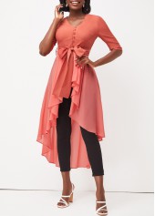 Peach Pink Dip Hem Half Sleeve Belted T Shirt