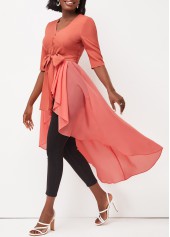 Peach Pink Dip Hem Half Sleeve Belted T Shirt