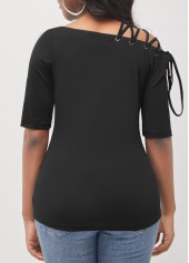 Skew Neck Lace Up Black T Shirt
