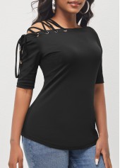 Skew Neck Lace Up Black T Shirt